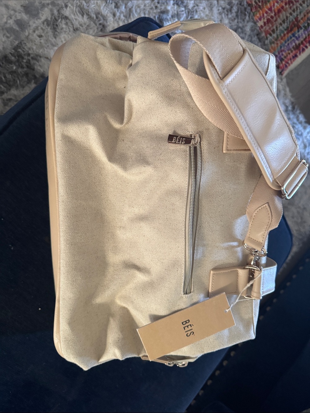 BEIS Neutral Beige Canvas Messenger Bag with Leather Accents